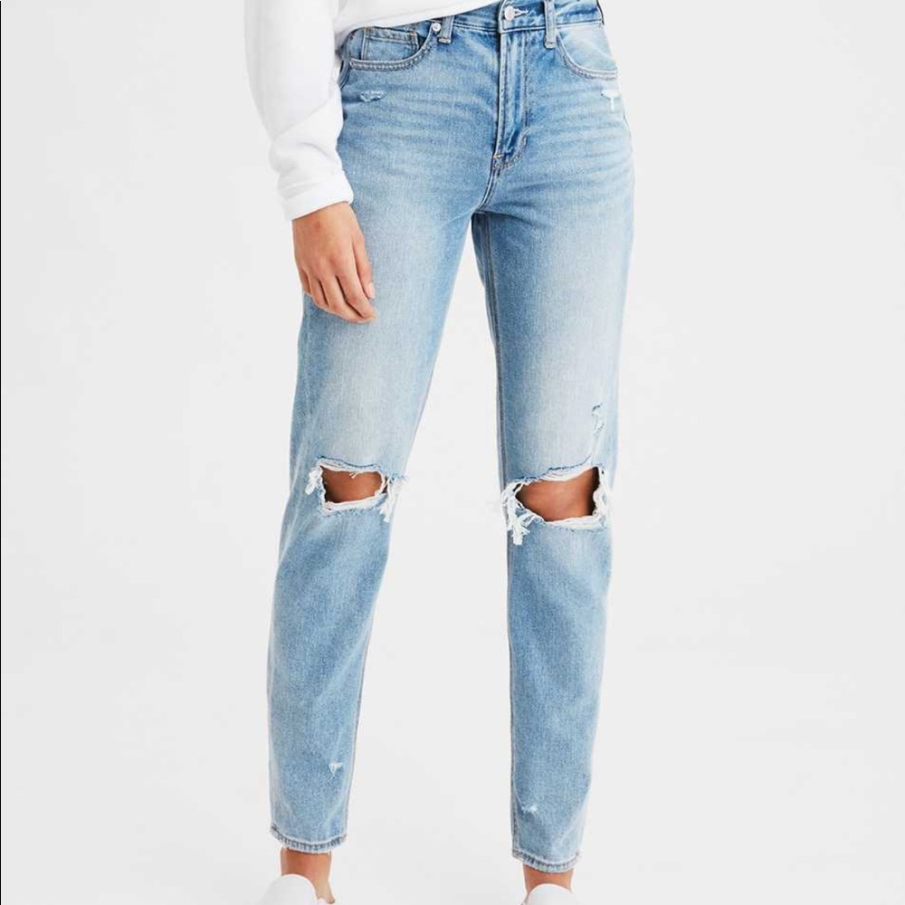American Eagle High Rise Light Wash Distressed Mom Jeans